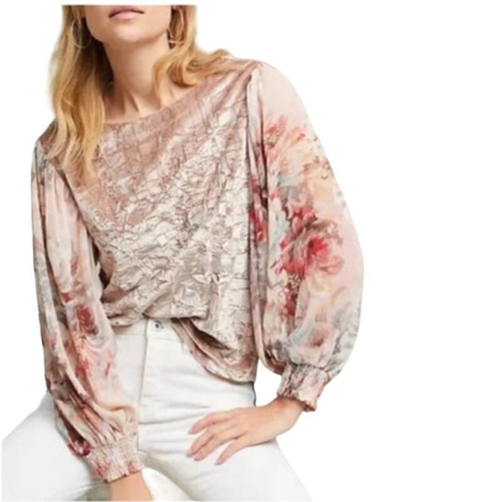 ANTHROPOLOGIE MEADOW RUE Women's Crushed Velvet Floral Blouse Pink Size Small
